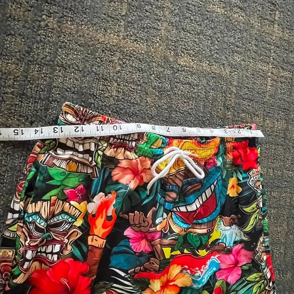 Mens Size S Hawaiian Tiki Torch Print Swim Trunks Drawstring Board Shorts